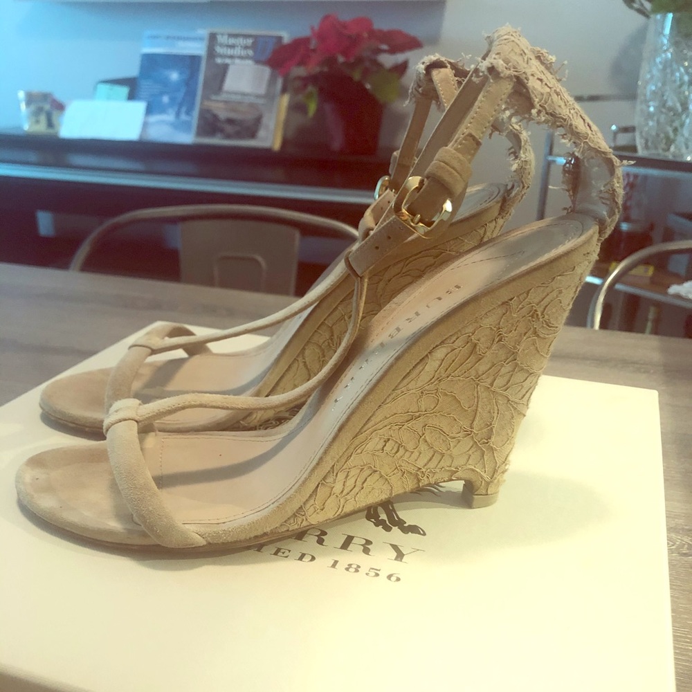 Burberry Nude Lace T Strap Wedge Sandal
